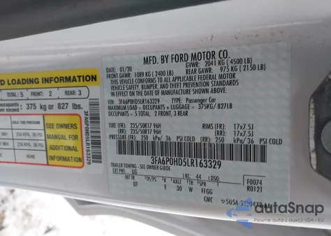 2020 Ford Fusion Se z USA, uszkodzony, nr VIN 3FA6P0HD5LR163329